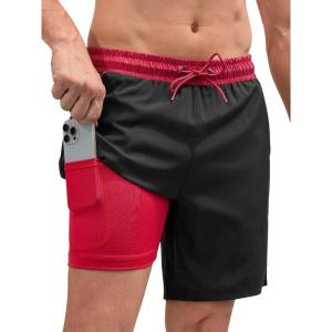 imageSILKWORLD Quick Dry Mens Swim Trunks with Compression Liner 7quot Mens Bathing Suits with Zip PocketsBlack Red