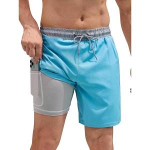 imageSILKWORLD Quick Dry Mens Swim Trunks with Compression Liner 7quot Mens Bathing Suits with Zip PocketsBlue