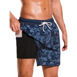 imageSILKWORLD Quick Dry Mens Swim Trunks with Compression Liner 7quot Mens Bathing Suits with Zip PocketsR1floragrey Blue
