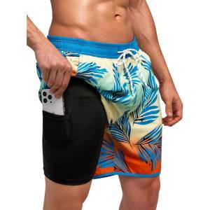 imageSILKWORLD Quick Dry Mens Swim Trunks with Compression Liner 7quot Mens Bathing Suits with Zip PocketsR5blue Leaves