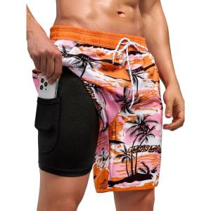 imageSILKWORLD Quick Dry Mens Swim Trunks with Compression Liner 7quot Mens Bathing Suits with Zip PocketsR6orange Coconut Trees