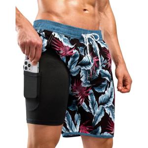 imageSILKWORLD Quick Dry Mens Swim Trunks with Compression Liner 7quot Mens Bathing Suits with Zip PocketsR8 Grey Leaves