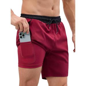 imageSILKWORLD Quick Dry Mens Swim Trunks with Compression Liner 7quot Mens Bathing Suits with Zip PocketsWine Red