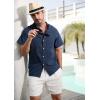 imageSILKWORLD Mens Beachwear Sets Including Quick Dry Mens Swim Trunks with Compression Liner ampamp Mens Navy Blue Cotton Linen Button Down Short Sleeve Shirts