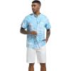 imageSILKWORLD Mens Casual Button Down Shirts Short Sleeve Band Collar Shirts Cotton Linen Mens Henley Hawaiian Shirt with Pocket9alight Blue Leaves