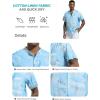 imageSILKWORLD Mens Casual Button Down Shirts Short Sleeve Band Collar Shirts Cotton Linen Mens Henley Hawaiian Shirt with Pocket9alight Blue Leaves
