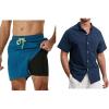 imageSILKWORLD Mens Beachwear Sets Including Quick Dry Mens Swim Trunks with Compression Liner ampamp Mens Navy Blue Cotton Linen Button Down Short Sleeve Shirts