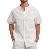 imageSILKWORLD Mens Casual Button Down Shirts Short Sleeve Band Collar Shirts Cotton Linen Mens Henley Hawaiian Shirt with Pocket1awhite