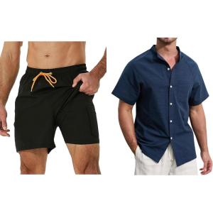 imageSILKWORLD Mens Beachwear Sets Including Mens Swim Trunks with Compression Liner ampamp Mens Navy Blue Cotton Linen Button Down Short Sleeve Shirts