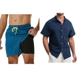 imageSILKWORLD Mens Beachwear Sets Including Quick Dry Mens Swim Trunks with Compression Liner ampamp Mens Navy Blue Cotton Linen Button Down Short Sleeve Shirts