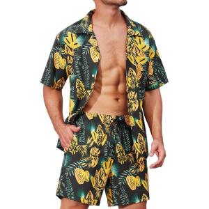 imageSILKWORLD Mens Casual Button Down Shirts 2 Piece Short Sleeve Outfits Hawaiian Shirt and Shorts SetA2yellow Leaf