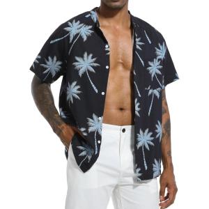 imageSILKWORLD Mens Casual Button Down Shirts Short Sleeve Band Collar Shirts Cotton Linen Mens Henley Hawaiian Shirt with Pocket10anavy Coconut Tree