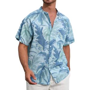imageSILKWORLD Mens Casual Button Down Shirts Short Sleeve Band Collar Shirts Cotton Linen Mens Henley Hawaiian Shirt with Pocket11anavy Coconut Tree