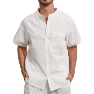 imageSILKWORLD Mens Casual Button Down Shirts Short Sleeve Band Collar Shirts Cotton Linen Mens Henley Hawaiian Shirt with Pocket1awhite