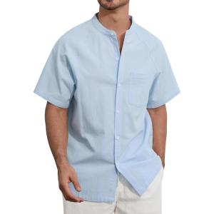 imageSILKWORLD Mens Casual Button Down Shirts Short Sleeve Band Collar Shirts Cotton Linen Mens Henley Hawaiian Shirt with Pocket2alight Blue