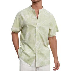 imageSILKWORLD Mens Casual Button Down Shirts Short Sleeve Band Collar Shirts Cotton Linen Mens Henley Hawaiian Shirt with Pocket8agreen Leaves