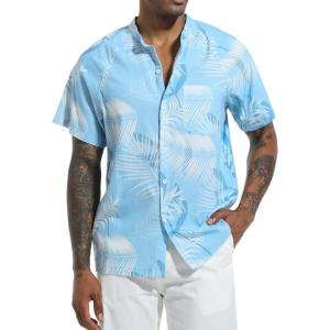 imageSILKWORLD Mens Casual Button Down Shirts Short Sleeve Band Collar Shirts Cotton Linen Mens Henley Hawaiian Shirt with Pocket9alight Blue Leaves