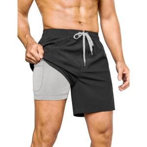 imageSILKWORLD Mens Swim Trunks 6quot Quick Dry Bathing Suit Beach Swimming Shorts with Compression Liner and Zipper PocketsA01 Black Grey Liner