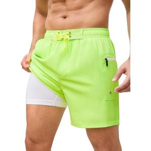 imageSILKWORLD Mens Swim Trunks 6quot Quick Dry Bathing Suit Beach Swimming Shorts with Compression Liner and Zipper PocketsFluorescent Green