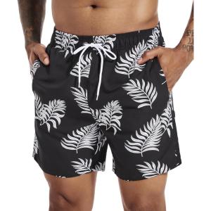 imageSILKWORLD Mens Swim Trunks Quick Dry Shorts with PocketsBlack Leaves