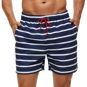 imageSILKWORLD Mens Swim Trunks Quick Dry Shorts with PocketsNavy  White Stripes