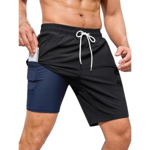 imageSILKWORLD Mens Swim Trunks with Compression Liner Quick Dry 9quot Bathing Suit Summer Beach Swimming Shorts with Zip PocketsA01black