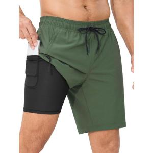 imageSILKWORLD Mens Swim Trunks with Compression Liner Quick Dry 9quot Bathing Suit Summer Beach Swimming Shorts with Zip PocketsA02army Green