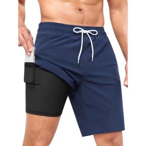 imageSILKWORLD Mens Swim Trunks with Compression Liner Quick Dry 9quot Bathing Suit Summer Beach Swimming Shorts with Zip PocketsA03navy