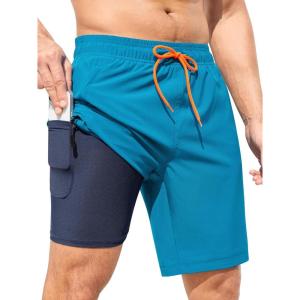 imageSILKWORLD Mens Swim Trunks with Compression Liner Quick Dry 9quot Bathing Suit Summer Beach Swimming Shorts with Zip PocketsA04peacock Blue