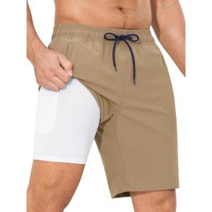 imageSILKWORLD Mens Swim Trunks with Compression Liner Quick Dry 9quot Bathing Suit Summer Beach Swimming Shorts with Zip PocketsA07khaki