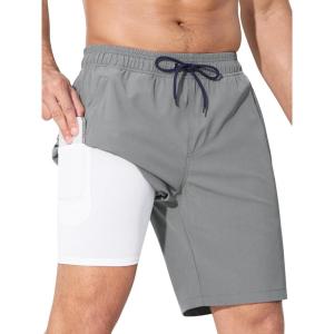 imageSILKWORLD Mens Swim Trunks with Compression Liner Quick Dry 9quot Bathing Suit Summer Beach Swimming Shorts with Zip PocketsA08light Grey