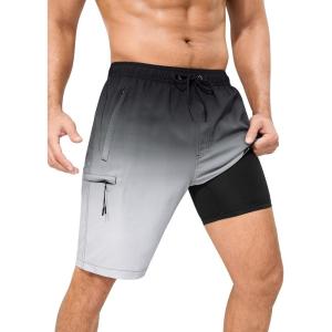 imageSILKWORLD Mens Swim Trunks with Compression Liner Quick Dry 9quot Bathing Suit Summer Beach Swimming Shorts with Zip PocketsGradientblackgray
