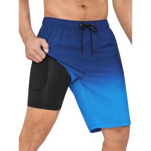 imageSILKWORLD Mens Swim Trunks with Compression Liner Quick Dry 9quot Bathing Suit Summer Beach Swimming Shorts with Zip PocketsGradientblue
