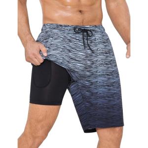 imageSILKWORLD Mens Swim Trunks with Compression Liner Quick Dry 9quot Bathing Suit Summer Beach Swimming Shorts with Zip PocketsGradientlight Grey Stripes