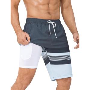 imageSILKWORLD Mens Swim Trunks with Compression Liner Quick Dry 9quot Bathing Suit Summer Beach Swimming Shorts with Zip PocketsStripesnavyblue