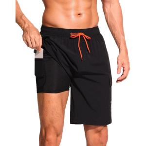 imageSILKWORLD Mens Swim Trunks with Compression Liner Quick Dry Bathing Suits 9 Inch Swimming Shorts with Cargo PocketsA0 Black