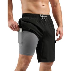 imageSILKWORLD Mens Swim Trunks with Compression Liner Quick Dry Bathing Suits 9 Inch Swimming Shorts with Cargo PocketsA0 Blackgrey Liner