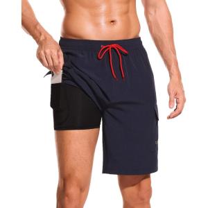 imageSILKWORLD Mens Swim Trunks with Compression Liner Quick Dry Bathing Suits 9 Inch Swimming Shorts with Cargo PocketsA1 Navy