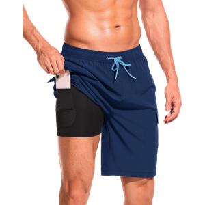 imageSILKWORLD Mens Swim Trunks with Compression Liner Quick Dry Bathing Suits 9 Inch Swimming Shorts with Cargo PocketsA2 Navy Blue