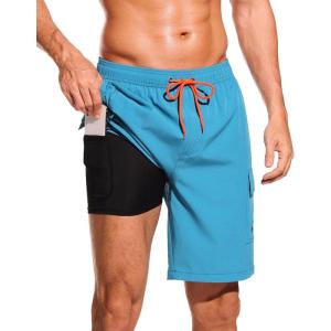imageSILKWORLD Mens Swim Trunks with Compression Liner Quick Dry Bathing Suits 9 Inch Swimming Shorts with Cargo PocketsA3 Peacock Blue