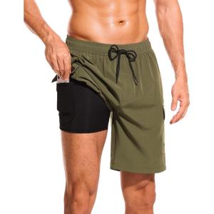 imageSILKWORLD Mens Swim Trunks with Compression Liner Quick Dry Bathing Suits 9 Inch Swimming Shorts with Cargo PocketsArmy Green