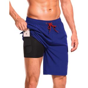 imageSILKWORLD Mens Swim Trunks with Compression Liner Quick Dry Bathing Suits 9 Inch Swimming Shorts with Cargo PocketsBlue