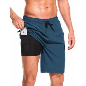 imageSILKWORLD Mens Swim Trunks with Compression Liner Quick Dry Bathing Suits 9 Inch Swimming Shorts with Cargo PocketsCopenblue