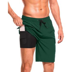 imageSILKWORLD Mens Swim Trunks with Compression Liner Quick Dry Bathing Suits 9 Inch Swimming Shorts with Cargo PocketsDark Green