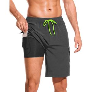 imageSILKWORLD Mens Swim Trunks with Compression Liner Quick Dry Bathing Suits 9 Inch Swimming Shorts with Cargo PocketsDark Grey