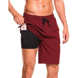 imageSILKWORLD Mens Swim Trunks with Compression Liner Quick Dry Bathing Suits 9 Inch Swimming Shorts with Cargo PocketsDark Red