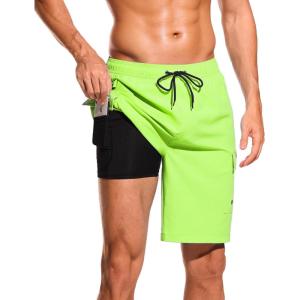 imageSILKWORLD Mens Swim Trunks with Compression Liner Quick Dry Bathing Suits 9 Inch Swimming Shorts with Cargo PocketsFluorescent Green