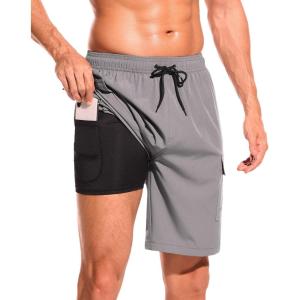imageSILKWORLD Mens Swim Trunks with Compression Liner Quick Dry Bathing Suits 9 Inch Swimming Shorts with Cargo PocketsGrey