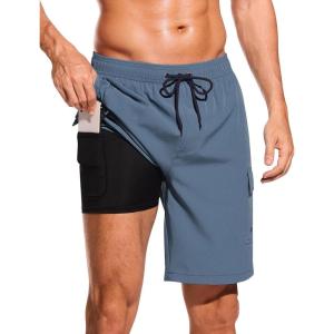 imageSILKWORLD Mens Swim Trunks with Compression Liner Quick Dry Bathing Suits 9 Inch Swimming Shorts with Cargo PocketsGrey Blue
