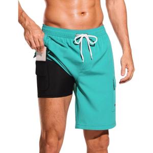 imageSILKWORLD Mens Swim Trunks with Compression Liner Quick Dry Bathing Suits 9 Inch Swimming Shorts with Cargo PocketsLake Green